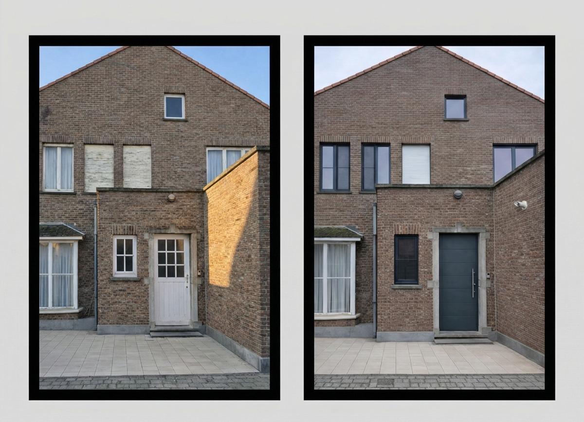 PVC Ramen met Aluminium Voordeur: Moderne Gevelrenovatie in Lievegem – realisatie van wood&window projects